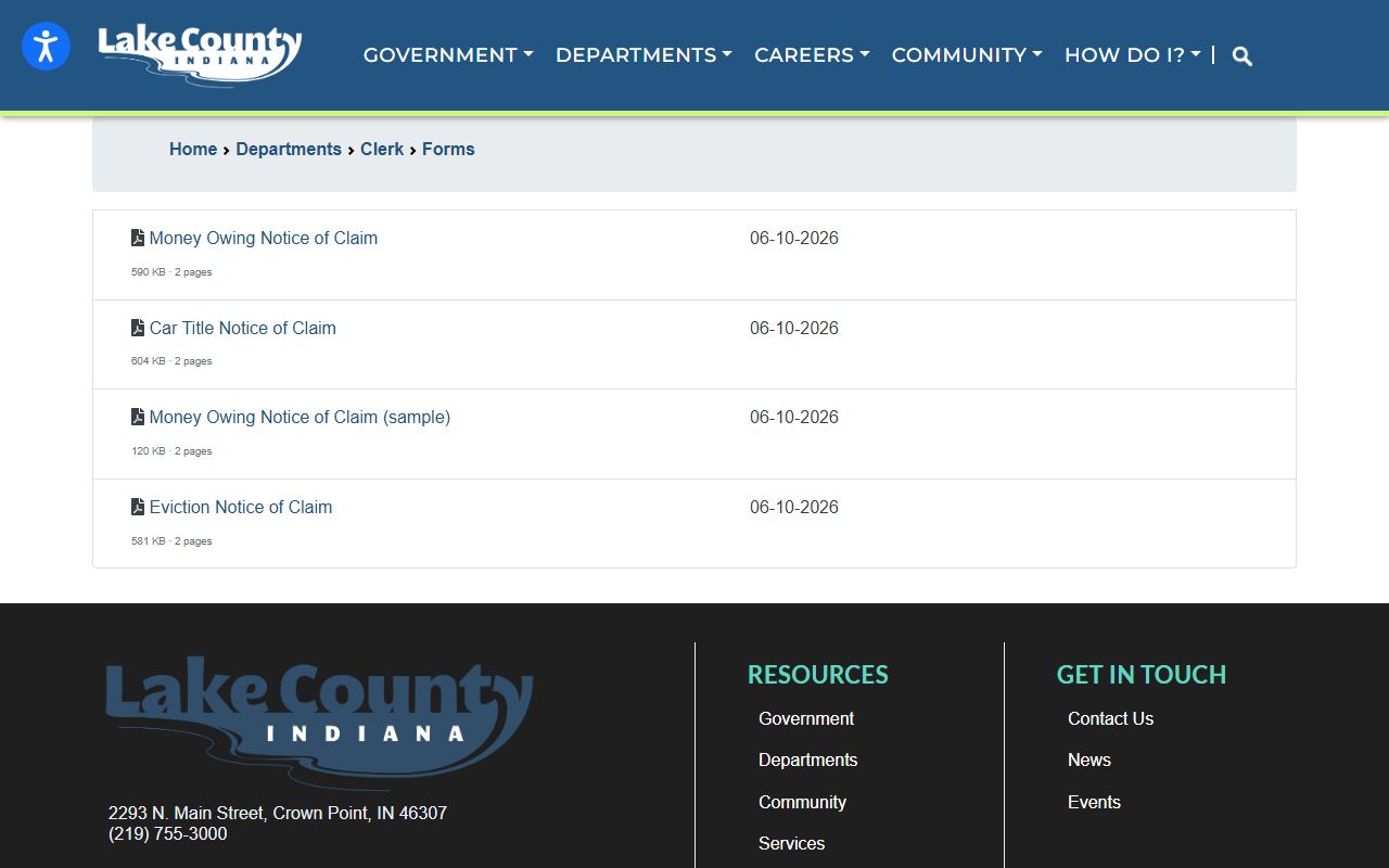 Lake County Clerk forms for court records and claims