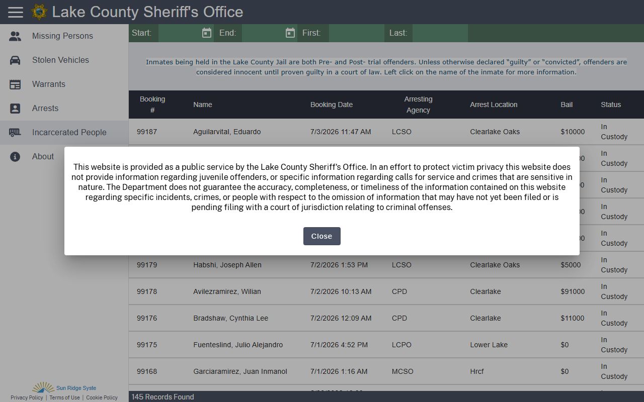 Lake County inmate records CitizenRIMS incarcerated people lookup