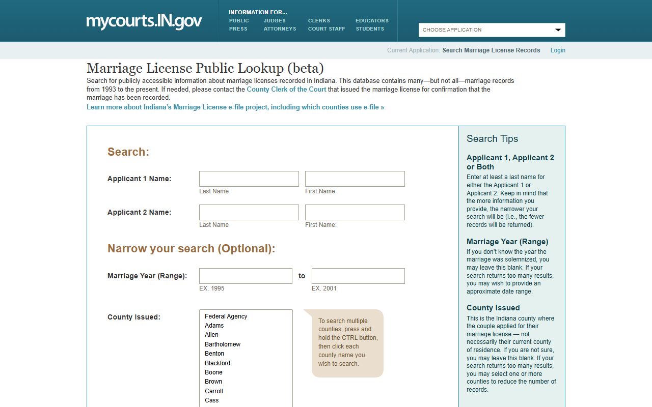 Lake County marriage records public lookup search fields